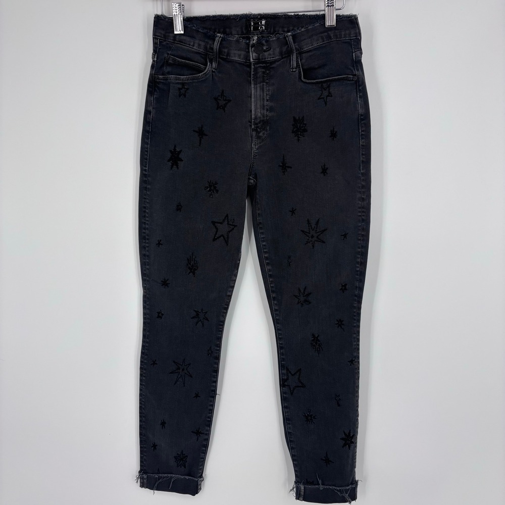 Mother Double Fray Charmer Written In Stars Jeans Womens 27 Embroidered Black
